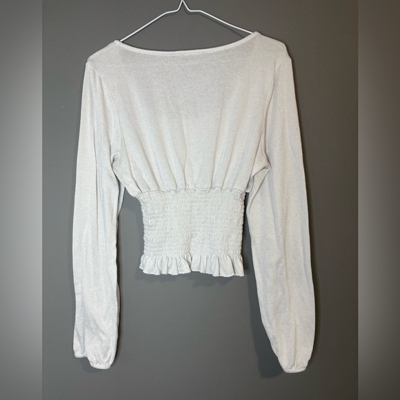 Revamped size M Women's White Smocked Top, long sleeve, ruched waist - Picture 7 of 7
